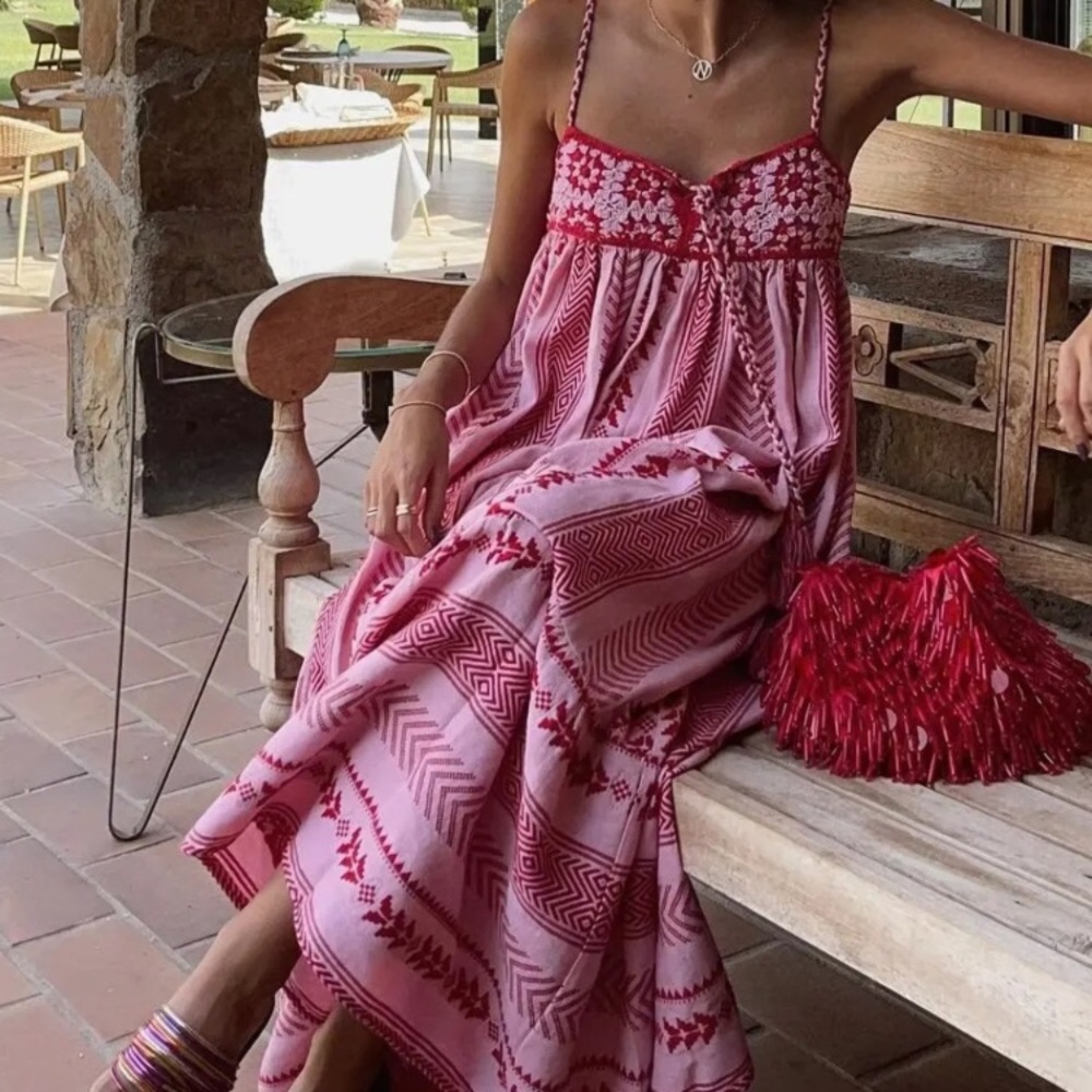 Boho Crochet Ruffle Hem Cami Midi Dress